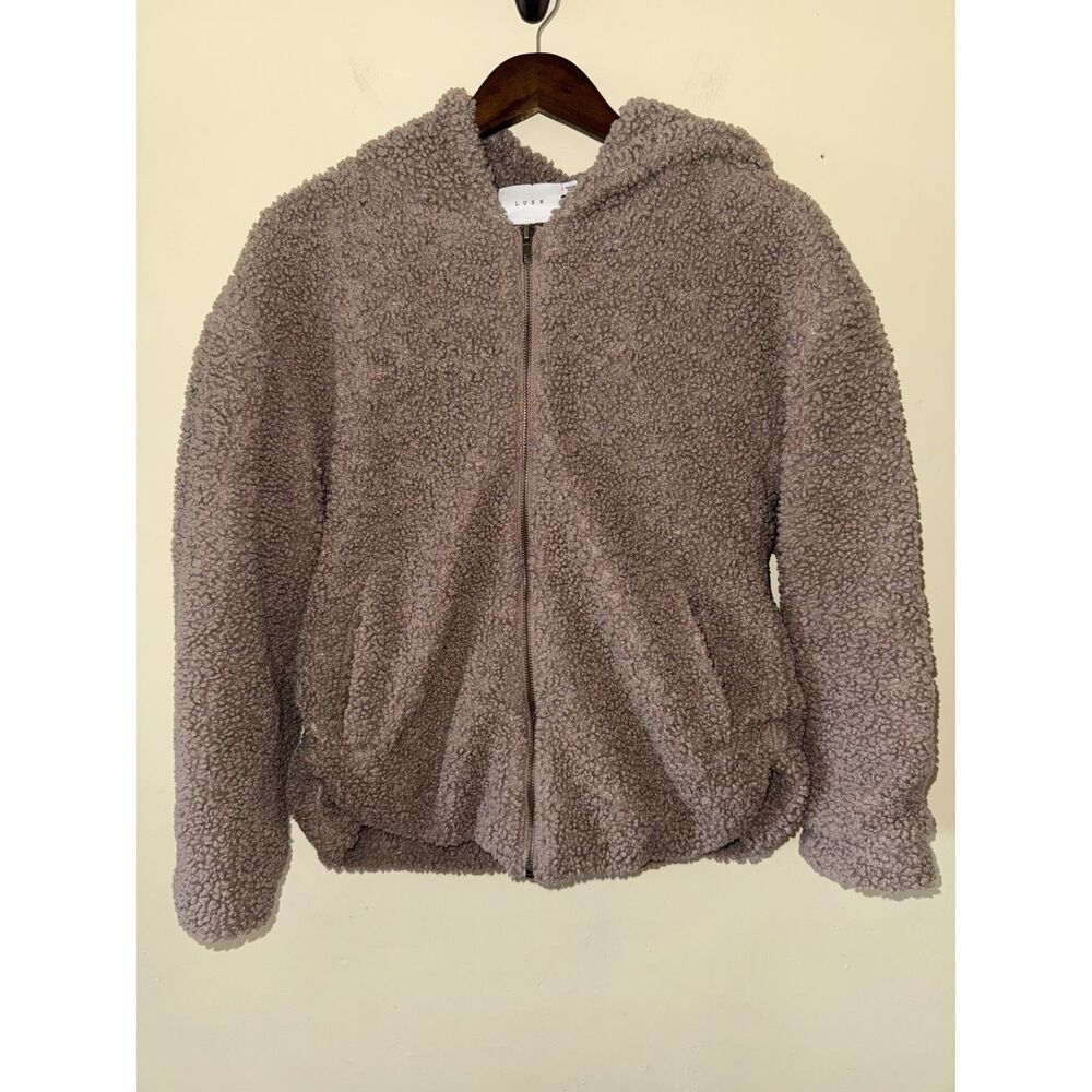 LUSH Ash Grey Teddy Sherpa Fleece Hooded Zip Up Jacket Small